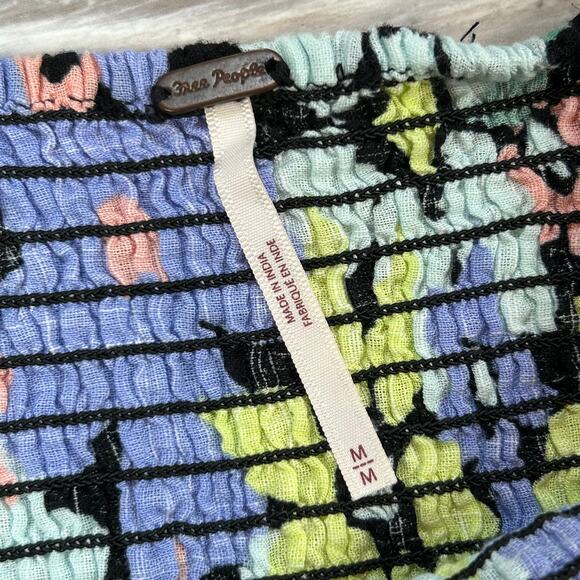 Free People Floral Smocked Puff Sleeve Top Multicolor Boho M - Picture 8 of 9